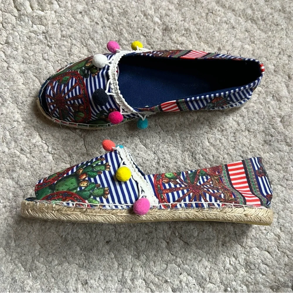 Antica Sartoria Espadrilles Size 39 Cactus Pom Pom Peep Toe Boho Resort Slide